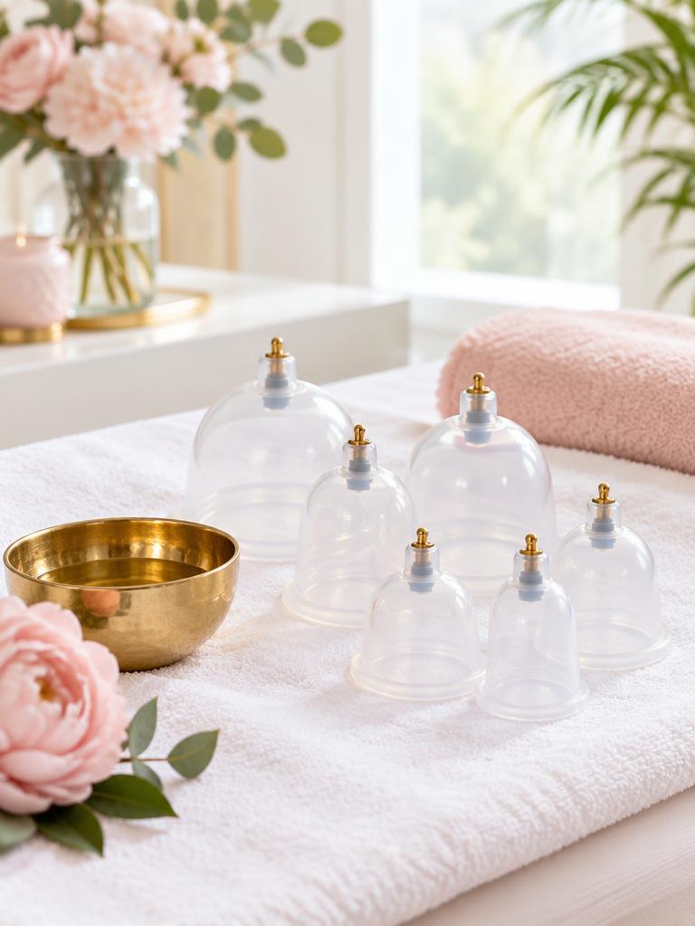 Professional cupping therapy cups prepared on fresh spa linens