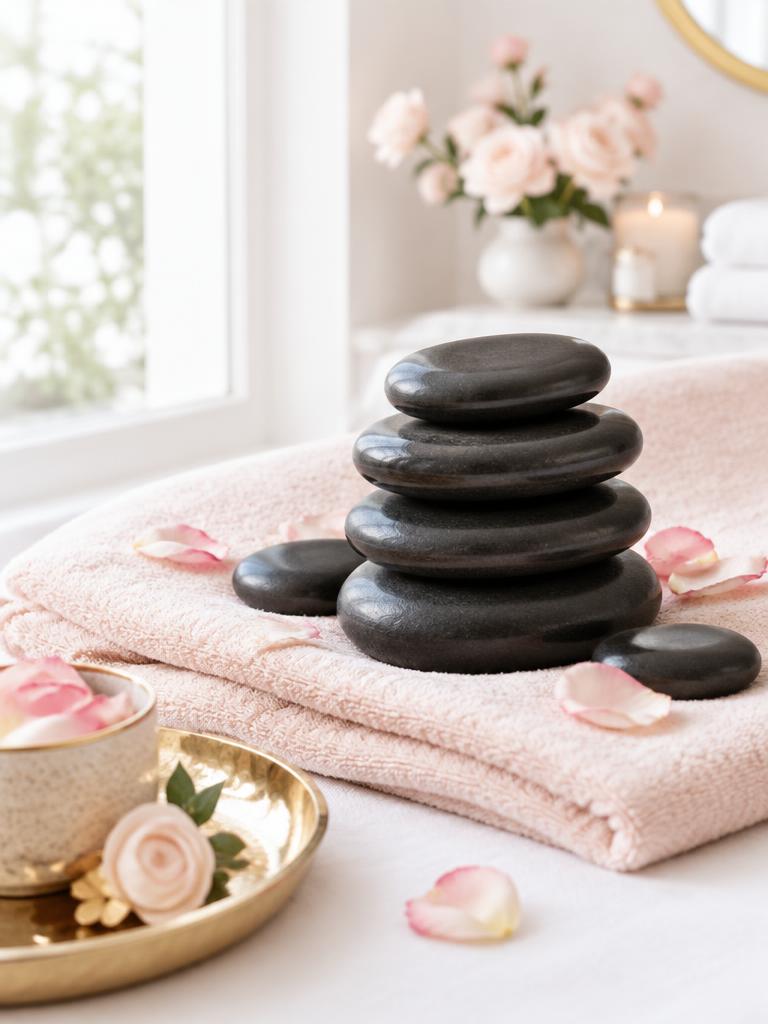 Smooth heated basalt stones arranged for a massage